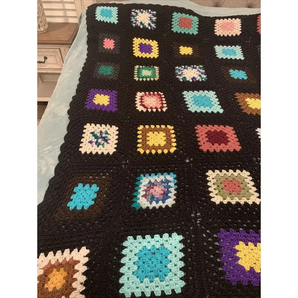 VTG Granny Square Black Afghan Crochet Throw Blanket Roseanne 62x68 SOME PILLING
